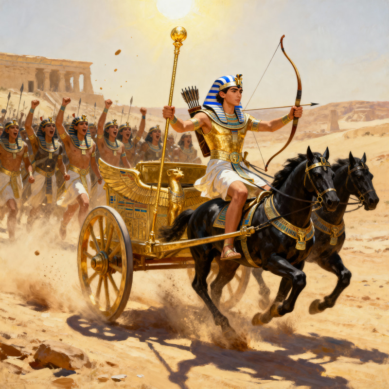 Pharaoh King Artwork: Golden Chariot Battle Scene