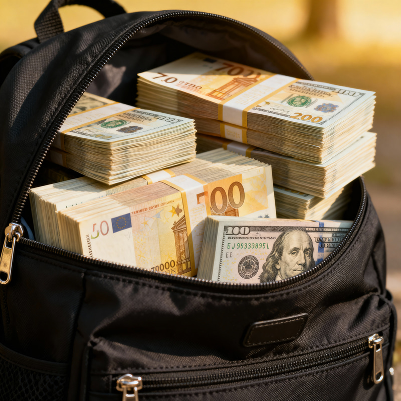 Realistic Black School Bag with 70K Euro Cash