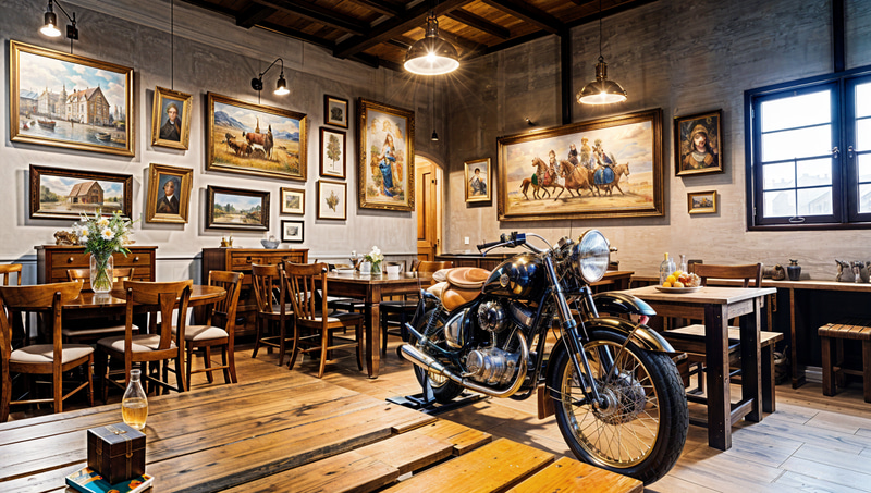 Charming Vintage Coffee Shop with Motorcycle Centerpiece Charming Vintage Coffee Shop with Motorcycle Centerpiece