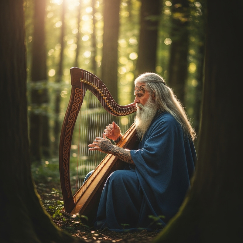 Druid Playing Celtic Harp in Enchanted Forest Druid Playing Celtic Harp in Enchanted Forest