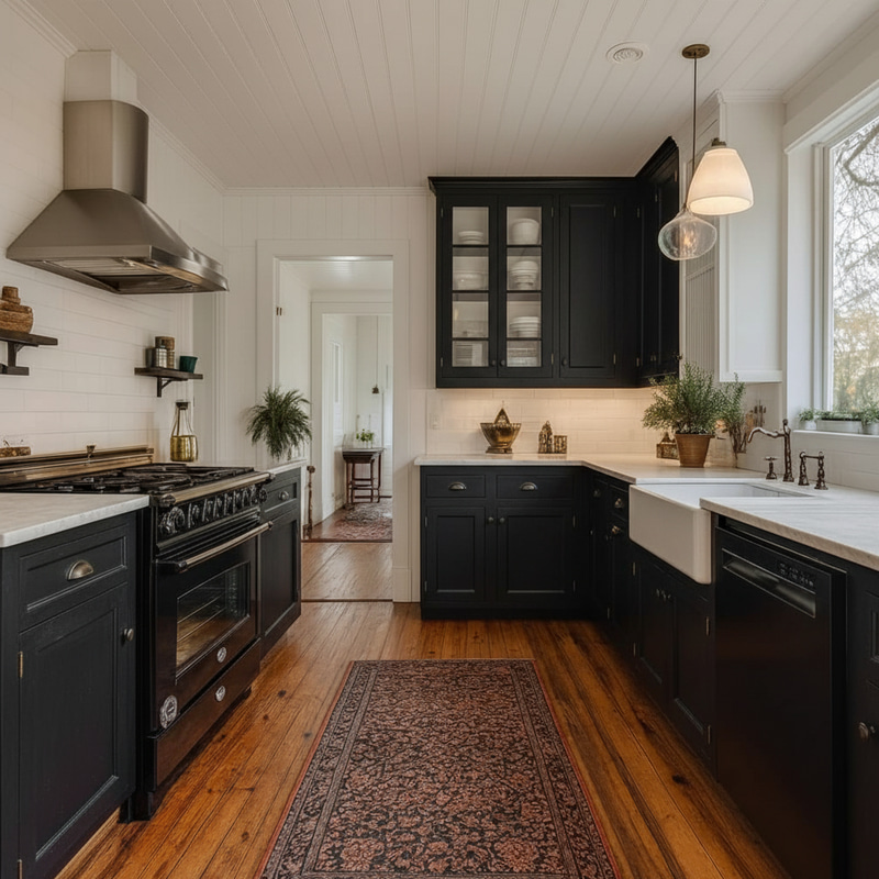 Stylish Black Kitchen Design with White Wood Ceiling Stylish Black Kitchen Design with White Wood Ceiling