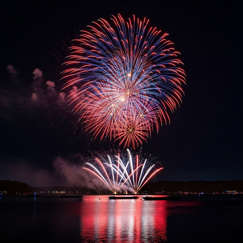 Patriotic Fireworks Over the Lake