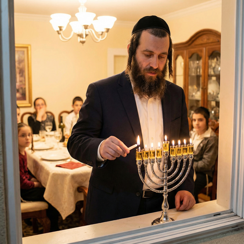 Frum Man Lighting the Menorah Frum Man Lighting the Menorah