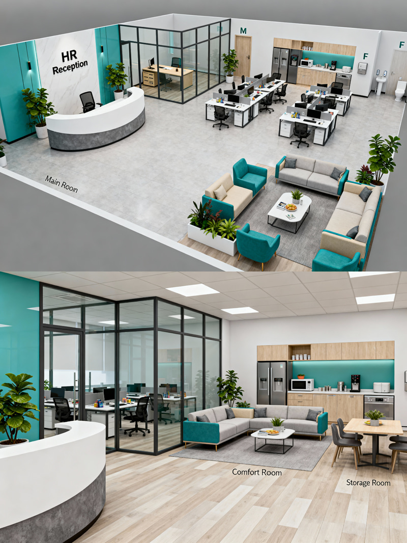 Modern HR Office Layout Design - Floor & Front Views Modern HR Office Layout Design - Floor & Front Views