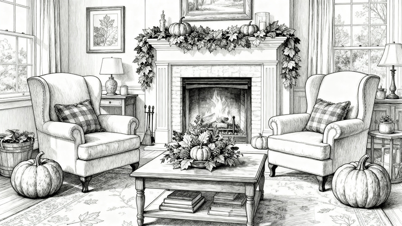 Cozy Thanksgiving Living Room Coloring Page
