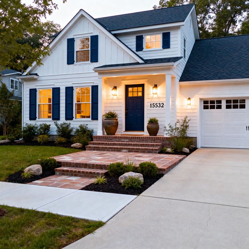 Traditional Home with Dark Blue Shutters and Landscaping Traditional Home with Dark Blue Shutters and Landscaping