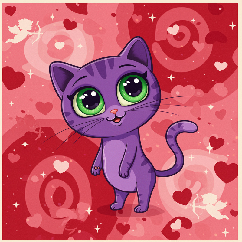 Cute Cartoon Purple Cat with Valentine Background Cute Cartoon Purple Cat with Valentine Background