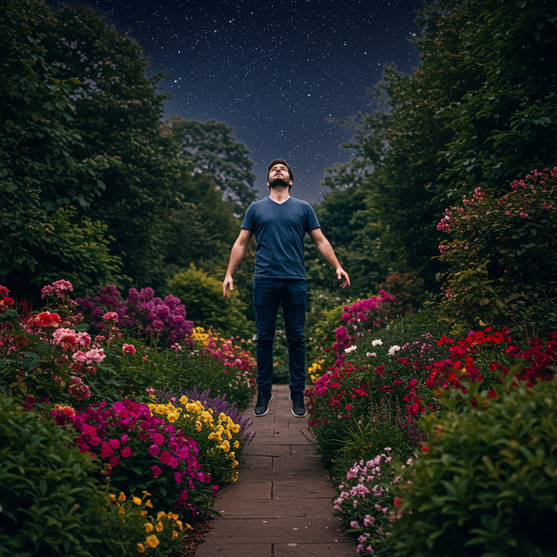 Man Levitating in a Night Garden Man Levitating in a Night Garden