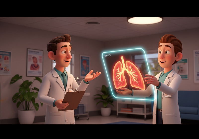 Pixar-Style Cartoon Doctors Examining Lung X-Ray Pixar-Style Cartoon Doctors Examining Lung X-Ray