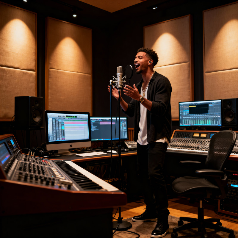 Passionate R&B Singer in Modern Studio Passionate R&B Singer in Modern Studio