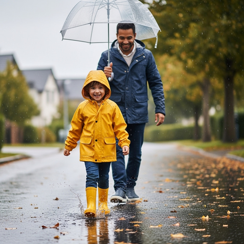 Happy Child Walking in the Rain with Dad Happy Child Walking in the Rain with Dad