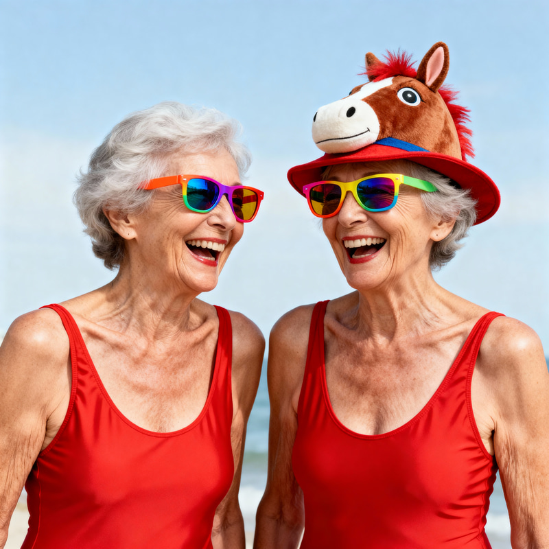 Eccentric Granny Friends in Stylish Red Swimsuits