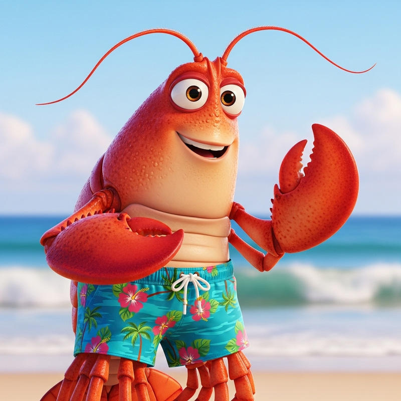 Smiling Pixar-Style Lobster in Summer Shorts