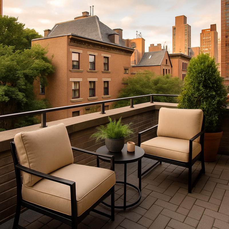 Charming New York Style Balcony with Beige Chairs Charming New York Style Balcony with Beige Chairs