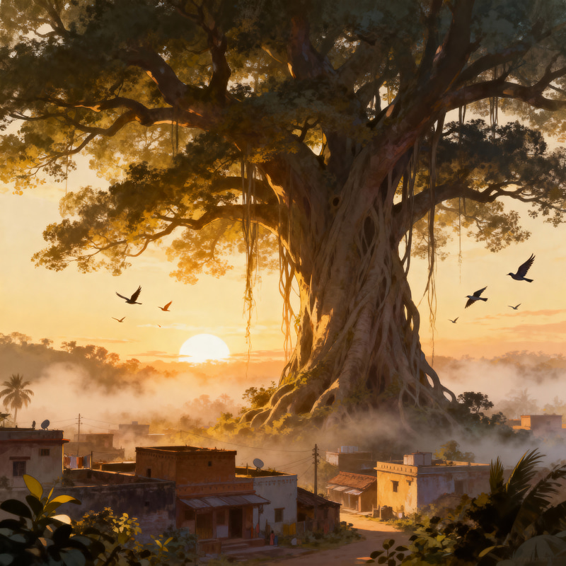 Banyan Tree Sunrise Over Indian Village - Anime Art Banyan Tree Sunrise Over Indian Village - Anime Art