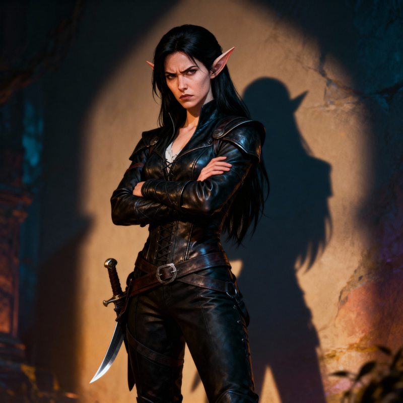 Female Elf Rogue with Black Hair and Frown