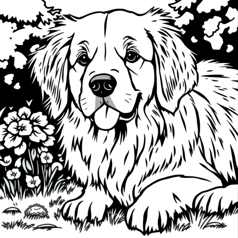 Cute Golden Retriever Coloring Page - Black & White Cute Golden Retriever Coloring Page - Black & White