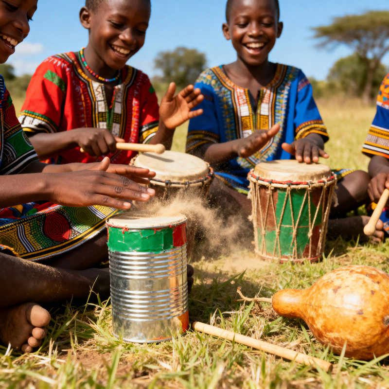 African Kids Playing with DIY Percussion Instruments African Kids Playing with DIY Percussion Instruments