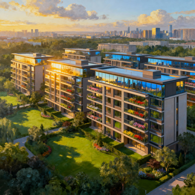 Modern Urban Apartment Complex in Lush Setting Modern Urban Apartment Complex in Lush Setting