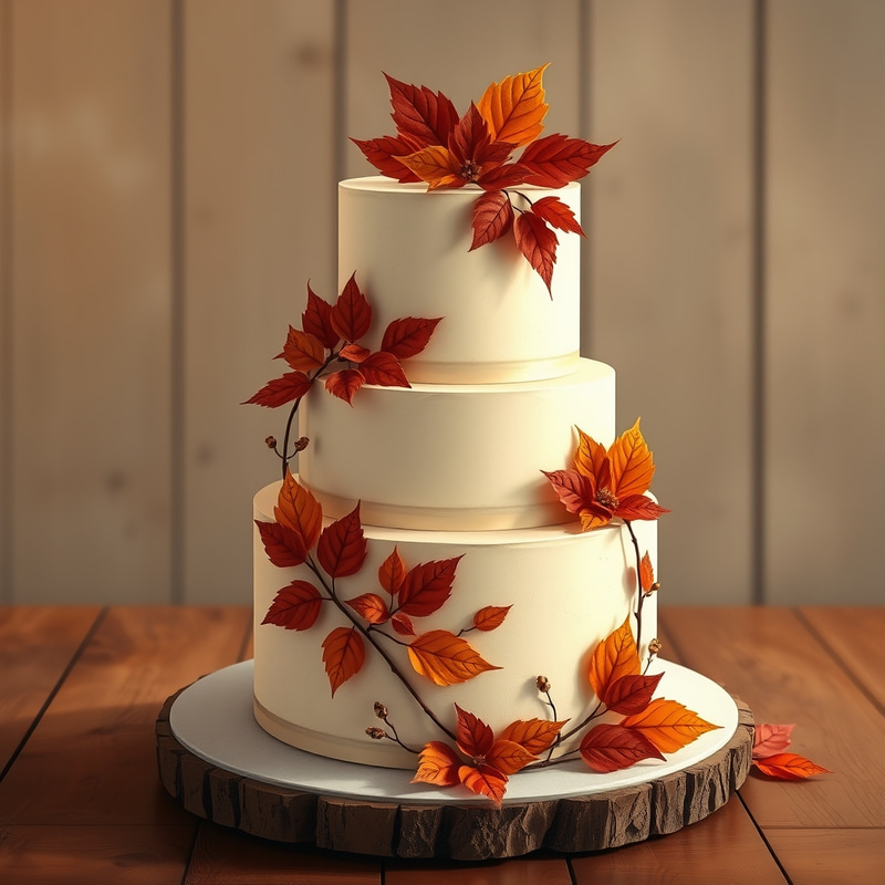 Elegant Fall Wedding Cake with Autumn Leaf Decorations Elegant Fall Wedding Cake with Autumn Leaf Decorations