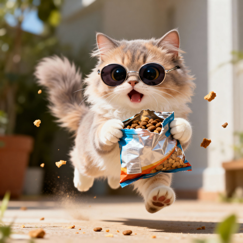 Cute Cat in Sunglasses with Cat Food Bag Cute Cat in Sunglasses with Cat Food Bag