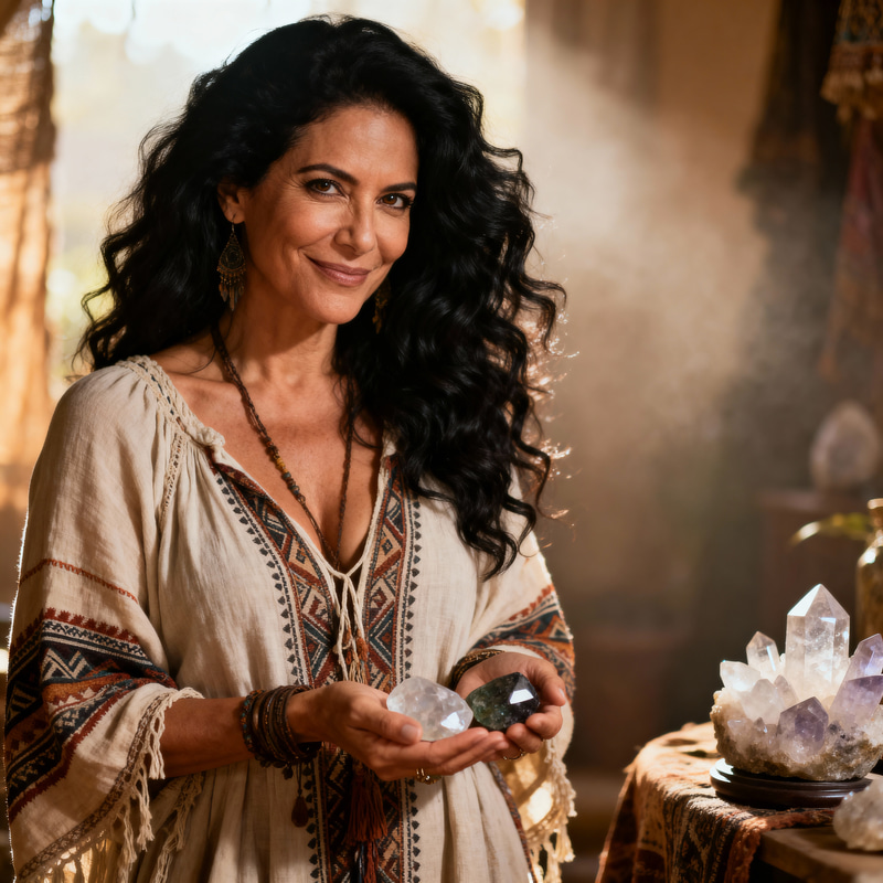 Boho Style Crystals: 40s Hispanic Woman Boho Style Crystals: 40s Hispanic Woman