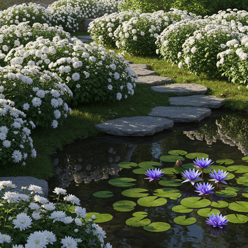 Tranquil Garden of White Chrysanthemums & Water Lilies Tranquil Garden of White Chrysanthemums & Water Lilies