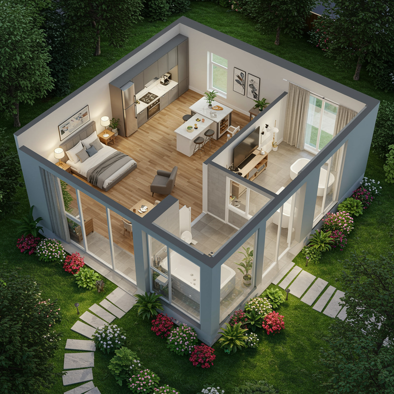3D Floor Plan with Garden and Room Divisions 3D Floor Plan with Garden and Room Divisions