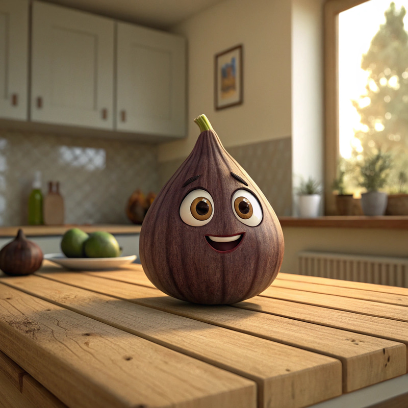 3D Cartoon Fig Character on Wooden Table 3D Cartoon Fig Character on Wooden Table