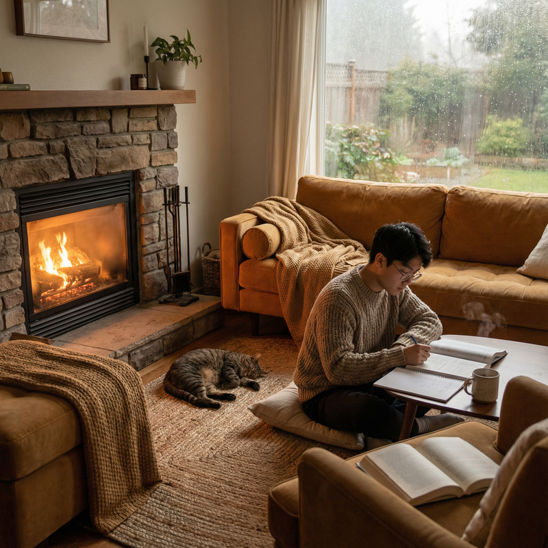 Cozy Rainy Day with Warm Fireplace Vibes