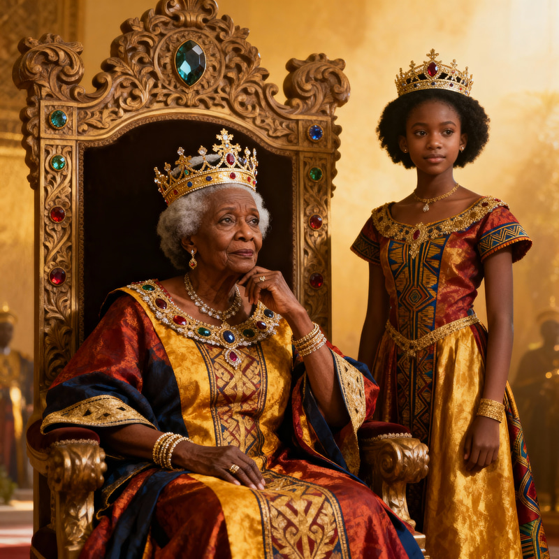 Regal African Queen and Princess on Ornate Throne