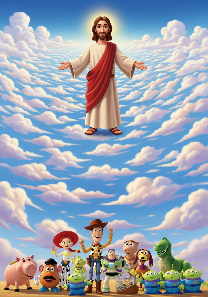 Joyful Vertical Image of Jesus and Toy Story Characters