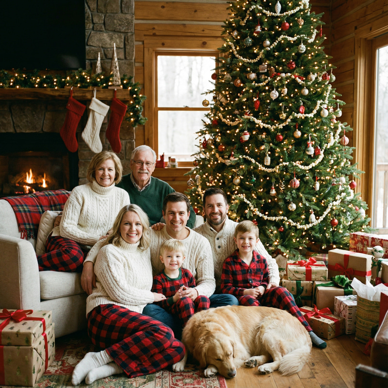 Cozy Family Christmas Photo with Twinkling Lights Cozy Family Christmas Photo with Twinkling Lights