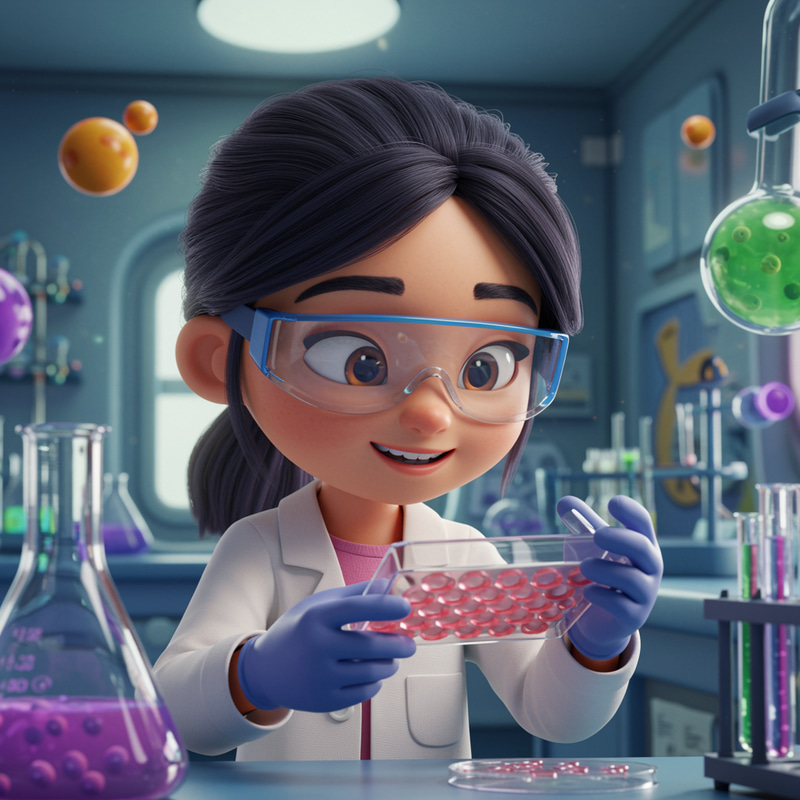 Pixar Style Scientist with Cell Culture Plates Pixar Style Scientist with Cell Culture Plates