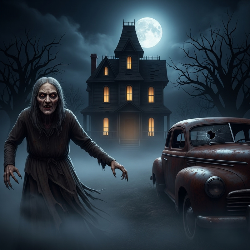 Haunted House with Creepy Granny at Night Haunted House with Creepy Granny at Night