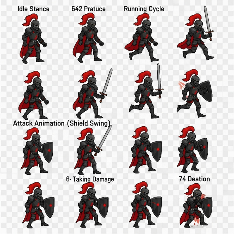Knight Sprite Sheet - Black and Red Armor Design Knight Sprite Sheet - Black and Red Armor Design