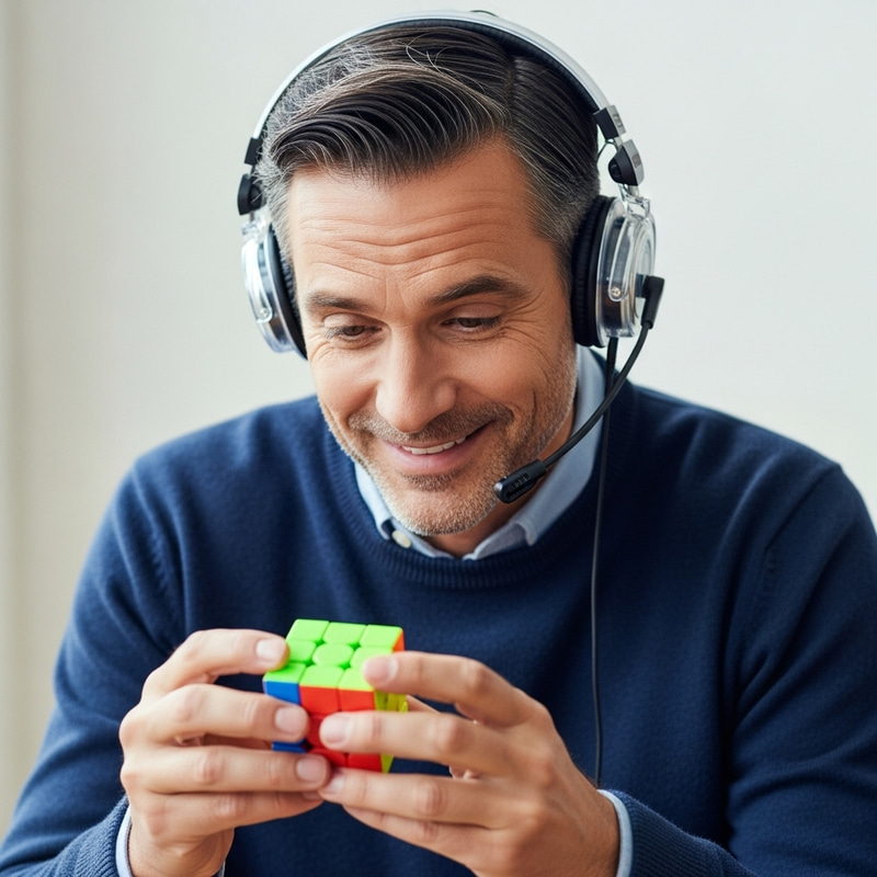 Gentleman with 2x2 Rubik's Cube and Headphones