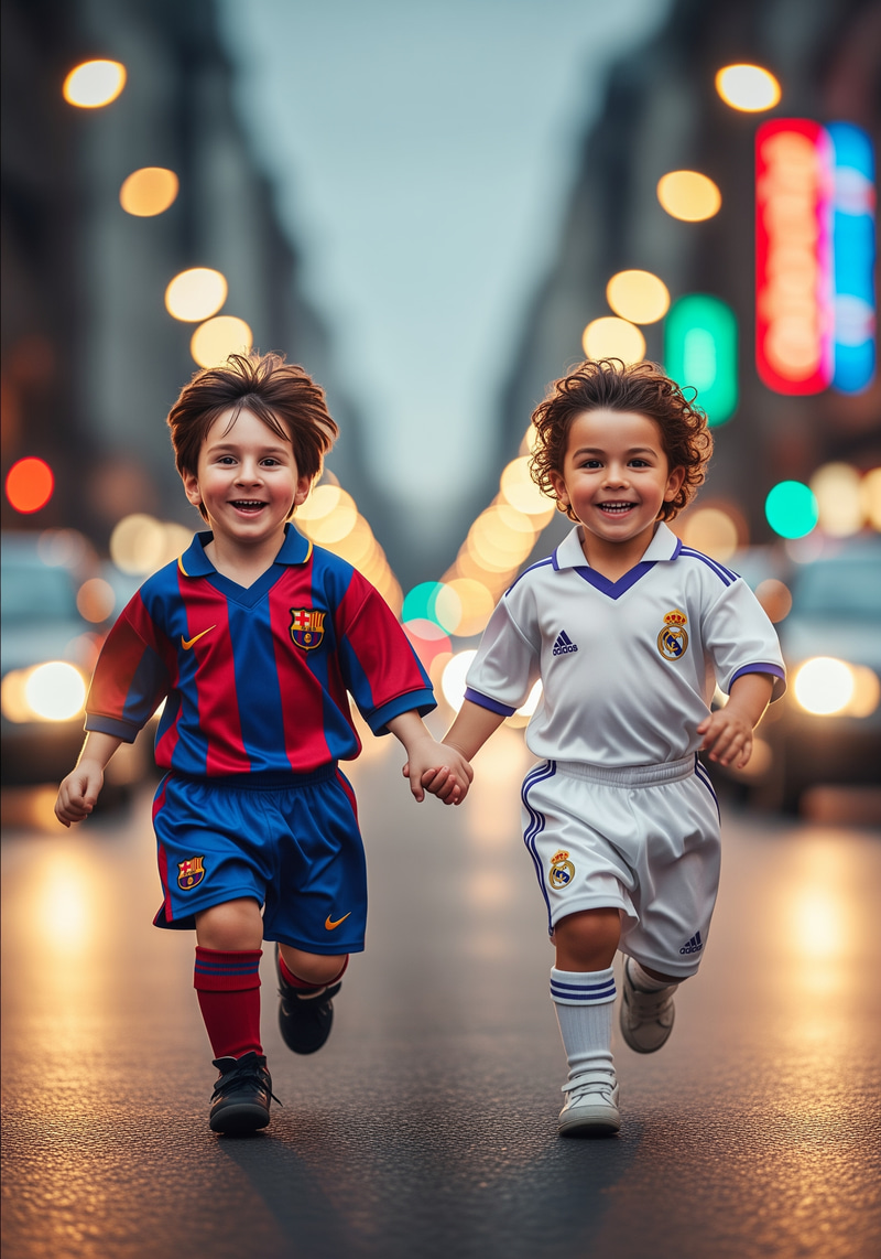 Young Messi and Ronaldo in a Cinematic Cityscape
