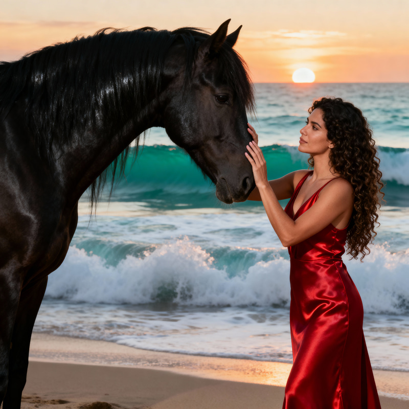 Hispanic Woman in Red Dress with Majestic Horse