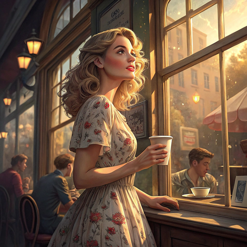 Charming Café Moments: A Woman by the Window Charming Café Moments: A Woman by the Window