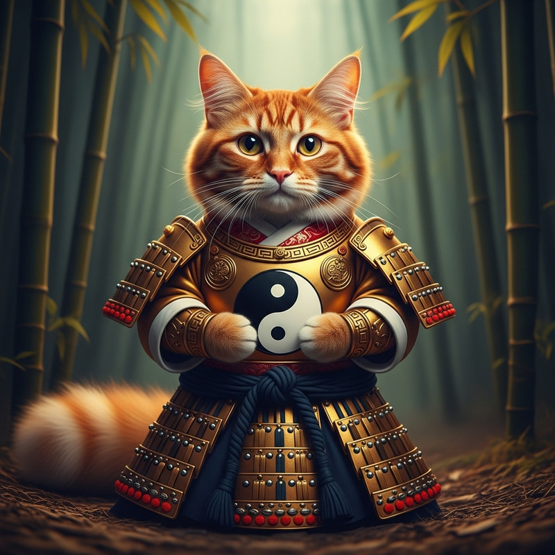 Red Cat in Samurai Outfit Holding Yin Yang Sign Red Cat in Samurai Outfit Holding Yin Yang Sign