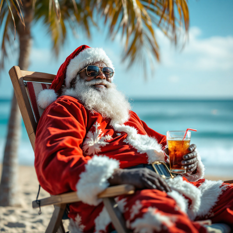 Black Santa Claus Relaxing on the Beach Black Santa Claus Relaxing on the Beach