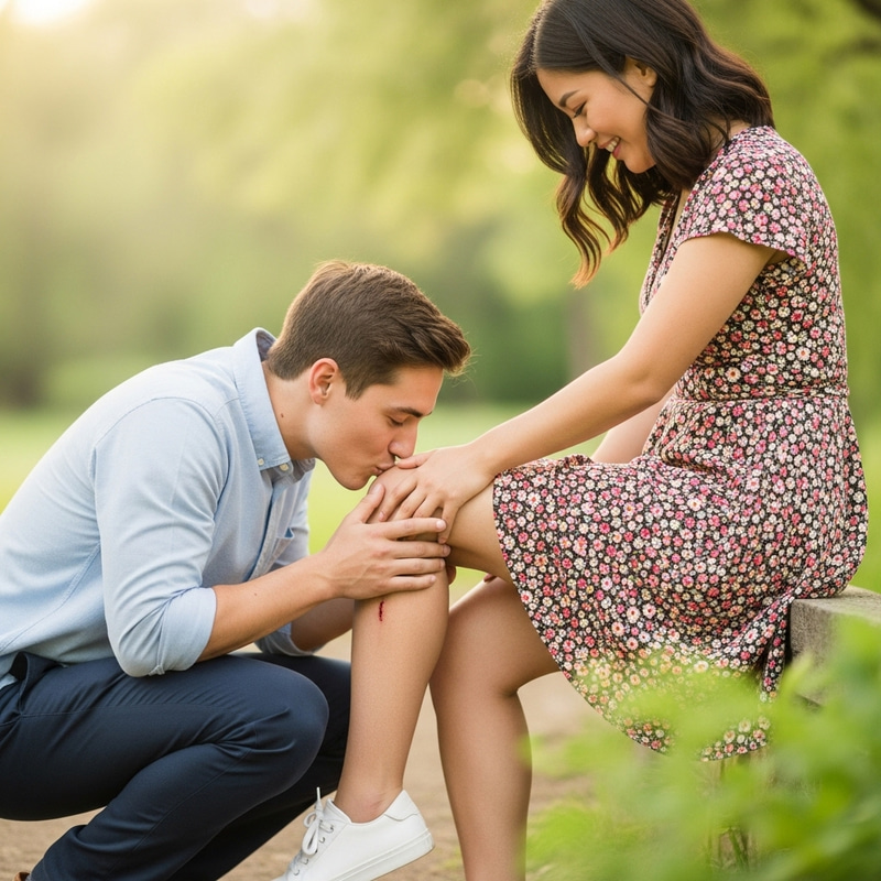 Caring Boyfriend Kisses Girlfriend's Leg Scratch
