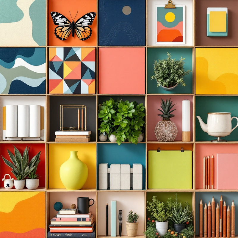 Vibrant Grid of Geometric Patterns and Greenery Vibrant Grid of Geometric Patterns and Greenery