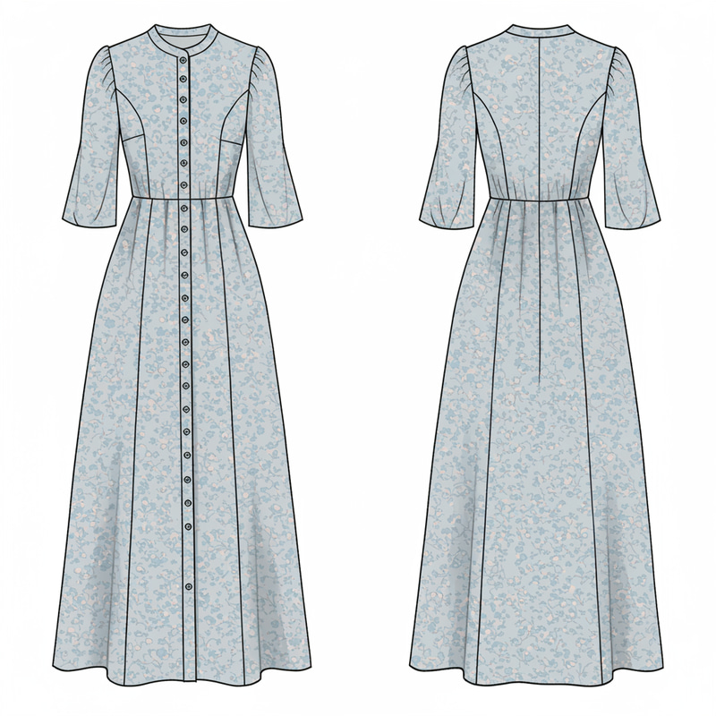 Semi-Flared Long Dress Sewing Pattern with Princess Seam
