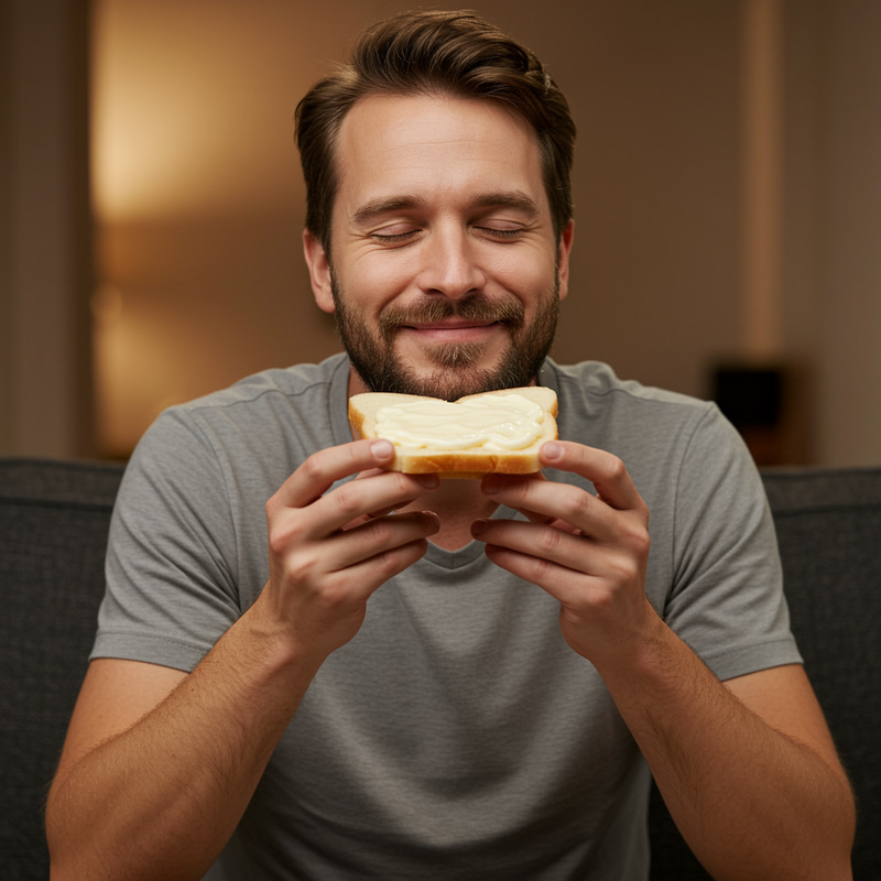 Man Enjoying Mayonnaise Sandwich