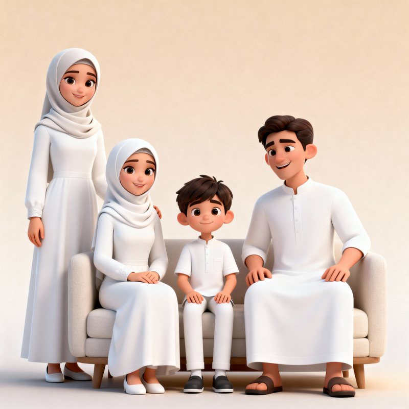 Modern 3D Animation: Family in White Attire Modern 3D Animation: Family in White Attire