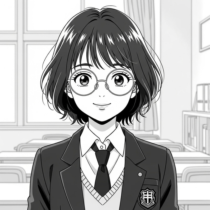 Monochrome Anime Portrait of High School Girl