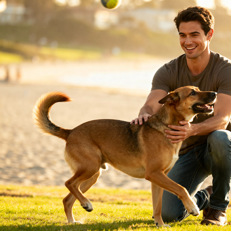 Candid Photo of a Man Playing with His Dog
