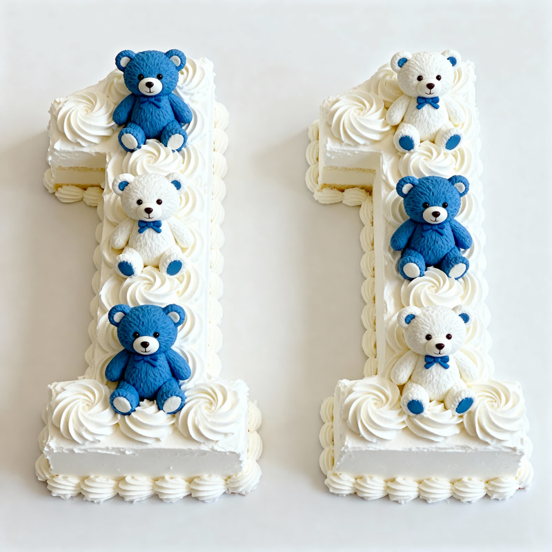 1-Shaped Cake with Cream and Teddy Bears